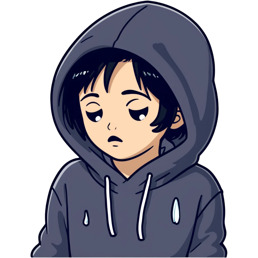 girl with black hair in black hoodie with tears streaming down her face emoji