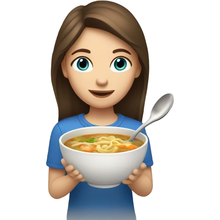 Girl with brown hair and blue eyes eating chicken noodle soup emoji