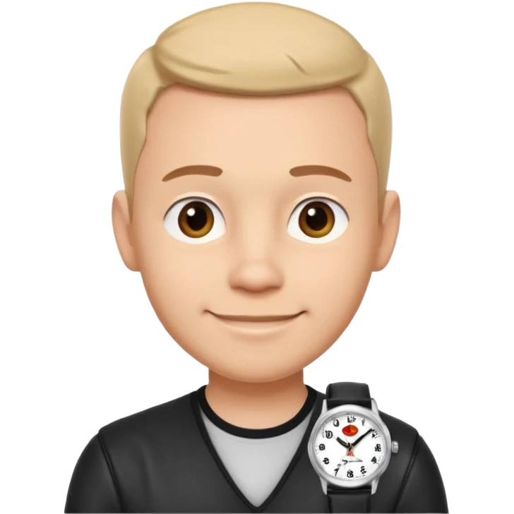 man wearing a black strap watch portrait, head and shoulders only, round face, soft jawline, friendly smile, black leather strap watch visible, 3D cartoon, mobile game icon style, clean background, no text, no watermark emoji