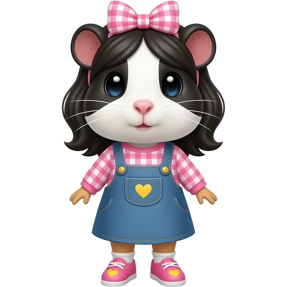 perruvian black and white guinea pig in long sleeve pink gingham shirt with a jean dress, pink shoes with yellow hearts and a pink gingham bow in hair emoji