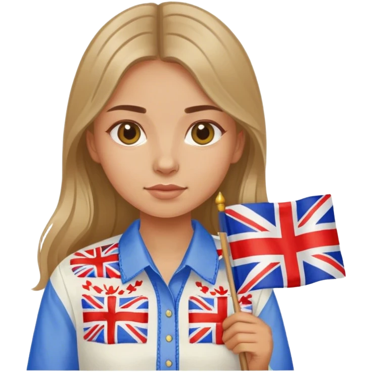 A Ukrainian girl in an embroidered shirt holds a British flag emoji