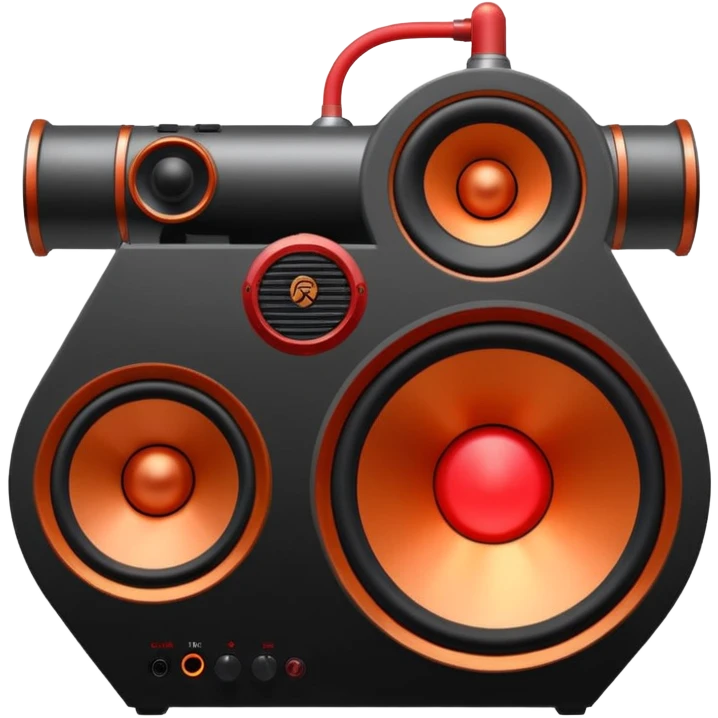 Head: A black KLIPSCH RP-8000F speaker, often represented with a red center or speaker cone.
Core: A small, bright glowing cherry-red circle representing his core.
Weapons: Shoulder-mounted speakers and plasma cannons on his arms.  emoji