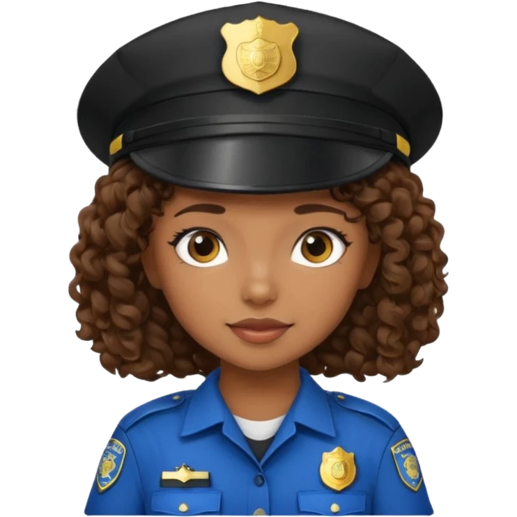 a cartoon-style avatar of a girl police officer with curly brown hair, wearing a black cap emoji