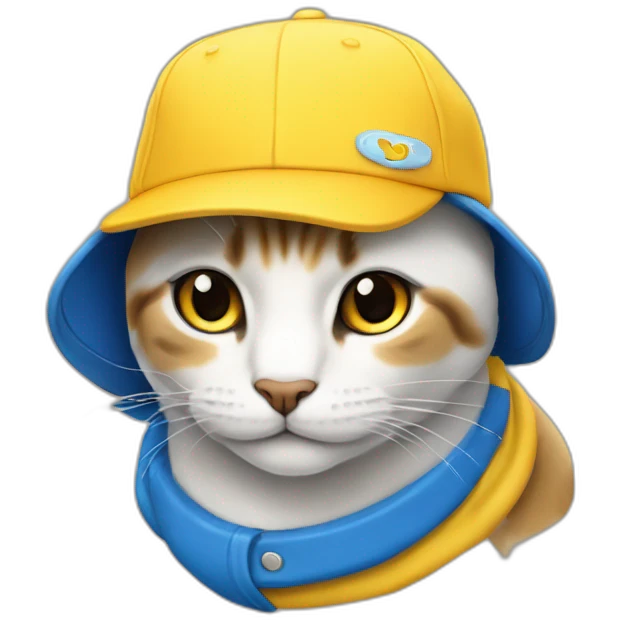 Gato color amarillo con una gorra azul que diga Puko  emoji