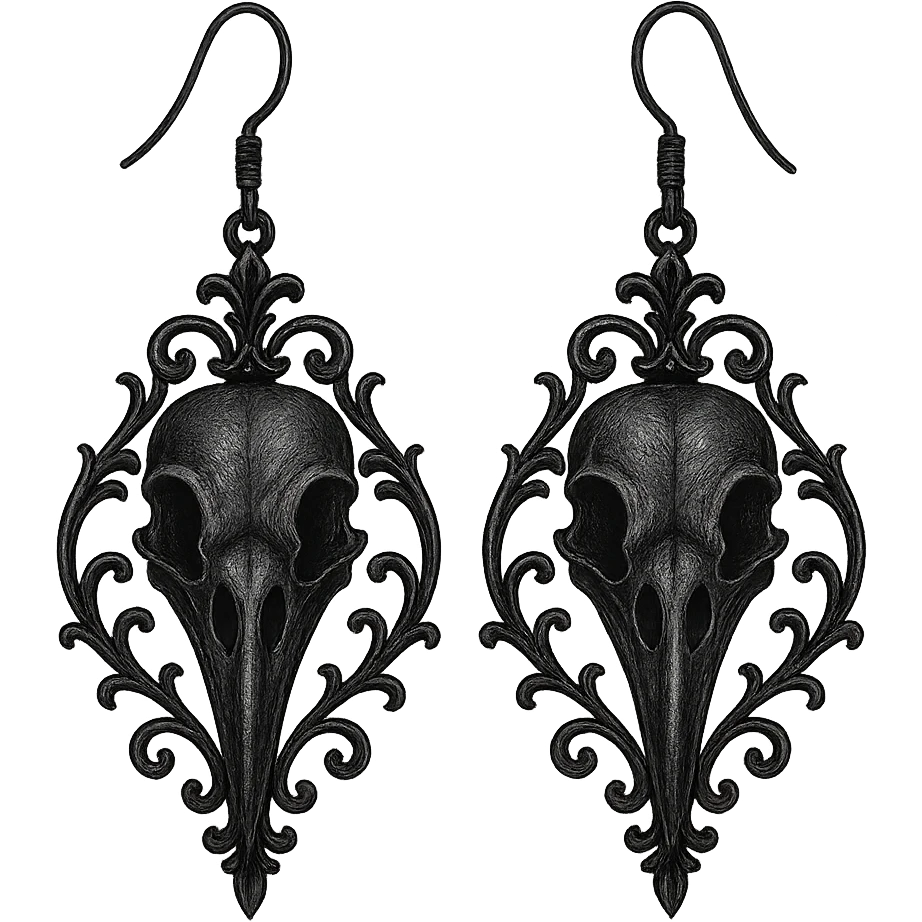 goth earrings, black raven skull, mysterious gothic, detailed emoji