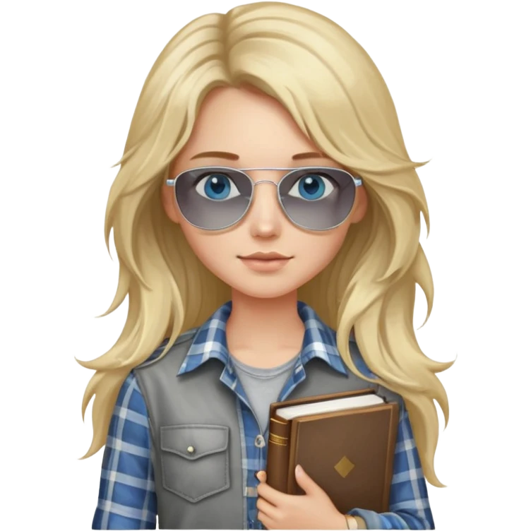 girl with long blond messy hair wearing grey plaid shirt with blue eyes and aviator sunglasses wearing a ring on her silver necklace, holding law books emoji