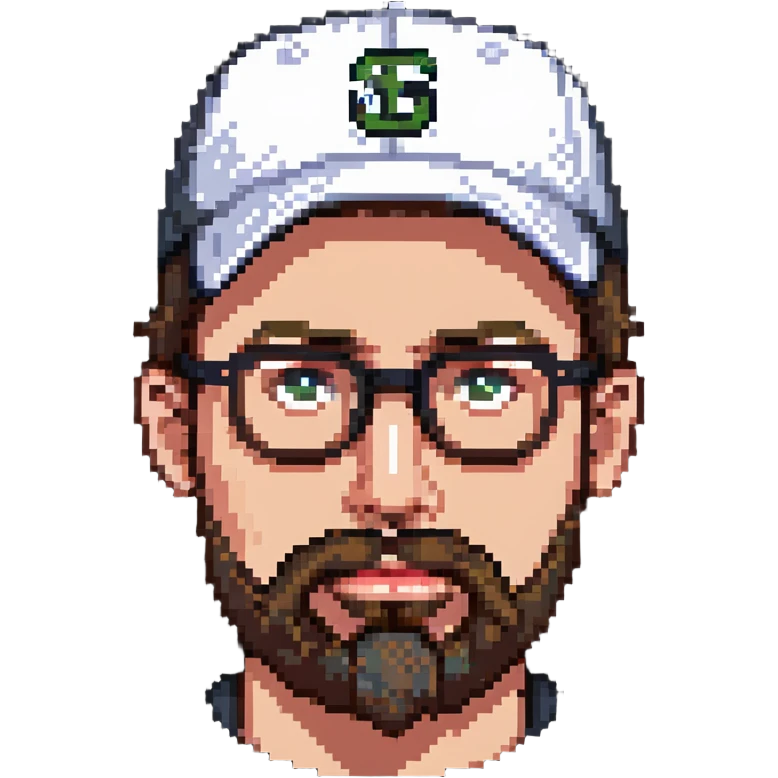 adventurer with goatee beard (no beard on cheeks), short hair, glasses and backwards baseball cap emoji
