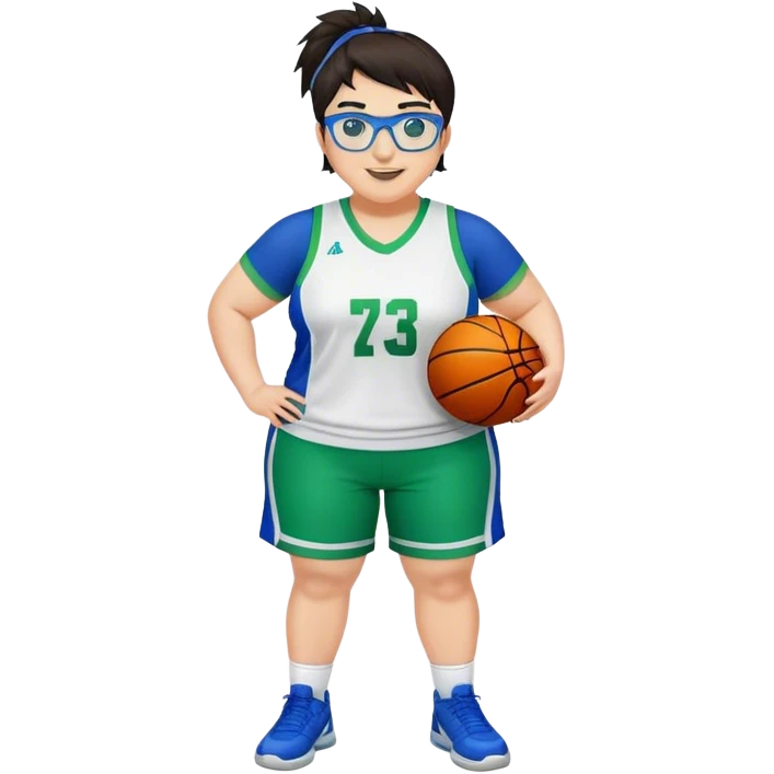 Full Body plus size white female basketball player with short dark hair with highlights spike hair wearing blue glasses  wearing blue green uniform smiling emoji