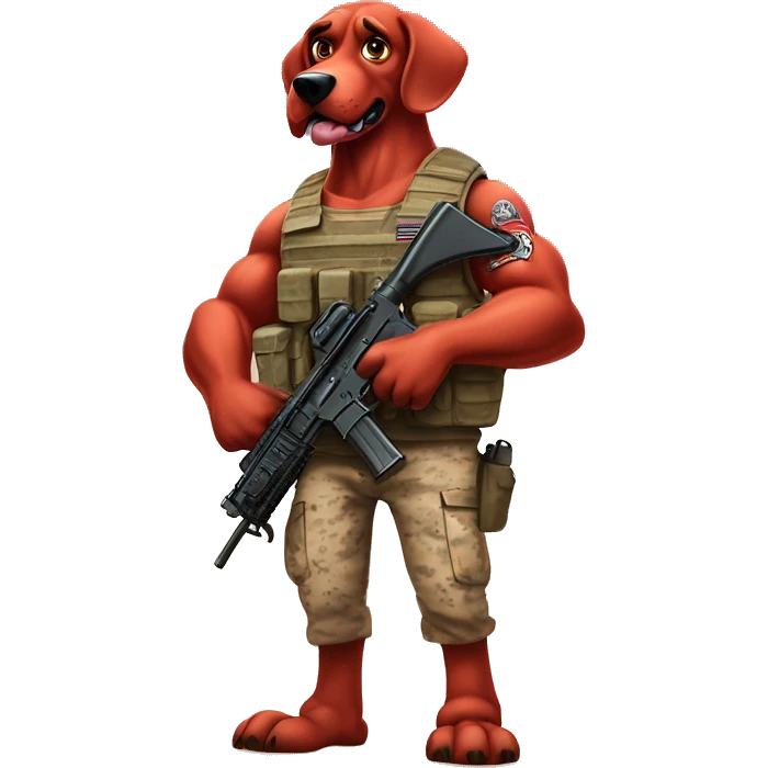 Desert storm daddy hot Clifford the big red dog muscular with tattoos on arms book illustration humanoid as a military call of duty character standing alone emoji