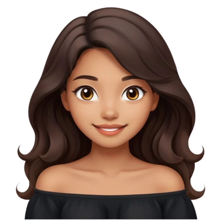 modern clean emoji of a young woman with medium skin tone, long wavy dark brown hair, wearing a black off-shoulder top, gentle inviting smile, expressive eyes, contemporary warm style, charm and confidence, soft pastel gradient background emoji