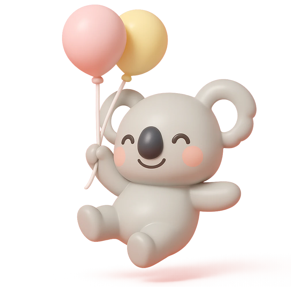koala floating with pastel balloons, happy face, vinyl figure style emoji