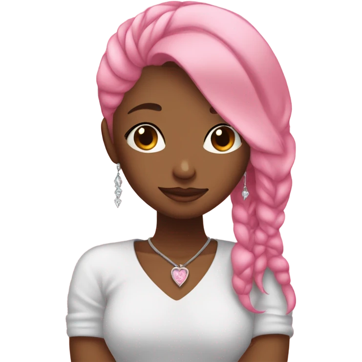 create a girl with pink hair, earrings, who hugs herself, her eyes are covered and her head is slightly bowed on her shoulder. The pose should reflect self-love emoji