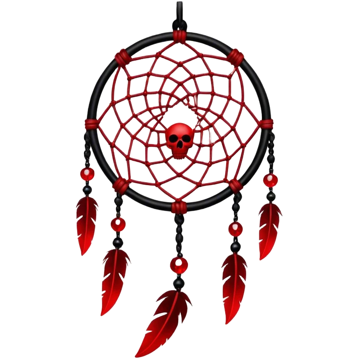 Blood-red, bloody, obsidian-black, edgy, dream catcher, red gemstones, black wires, black threads, tiny skulls, emoji