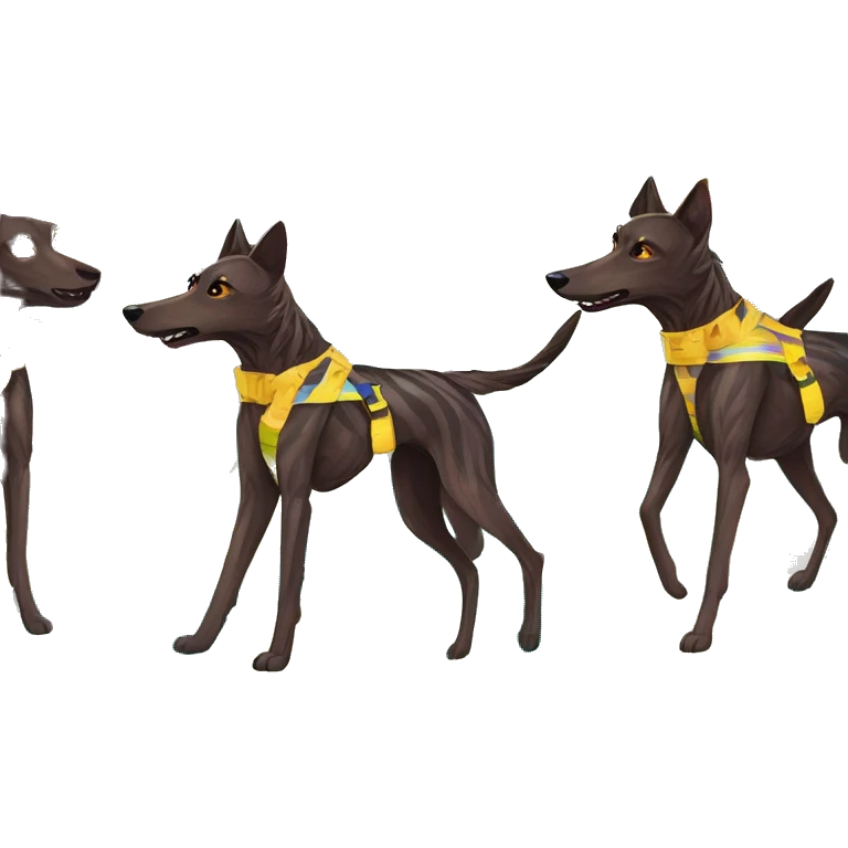  brindle brown black maroon striped lurcher Alsatian fox running blue eyes and iridescent holographic oilslick harness wearing paper iridescent tropical flower crown yellow caution tape emoji
