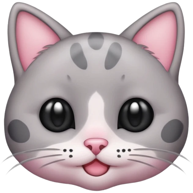 Cute emoji of a small gray cat with black spots, big shiny kawaii eyes, tiny pink nose, and a sweet smiling expression. Minimalist design, clean vector style, high resolution, soft pastel colors, with a transparent background. emoji