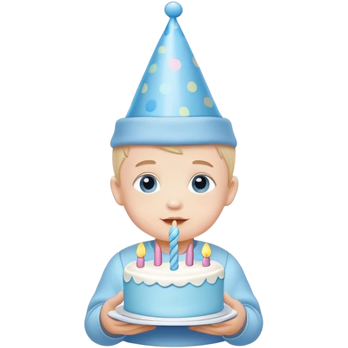 cute baby boy with pastel blue birthday hat and blue cake emoji