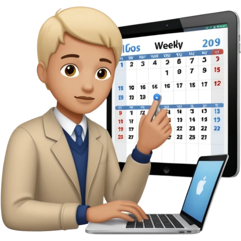 weekly calendar next to person adjusting it with laptop emoji