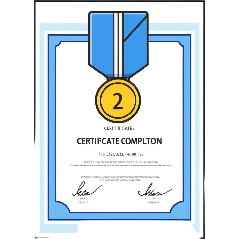 certificate of completion with a blue medal sticker, playful and colorful design emoji