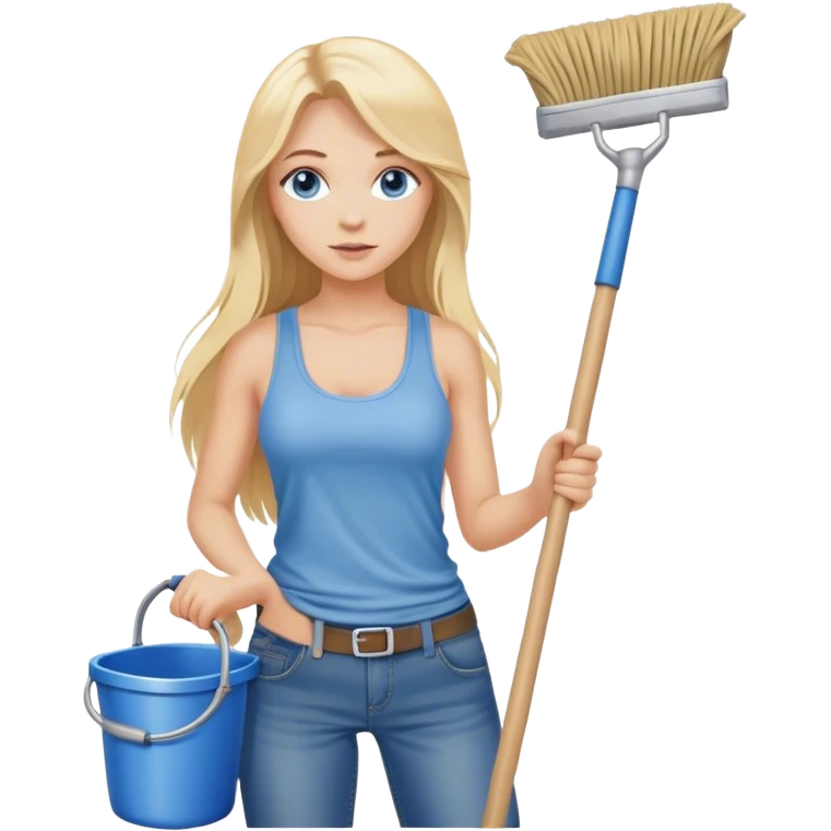 Cinematic realistic blonde with long hair and blue eyes, dressed in jeans and a tank top, holding a mop in her hands emoji