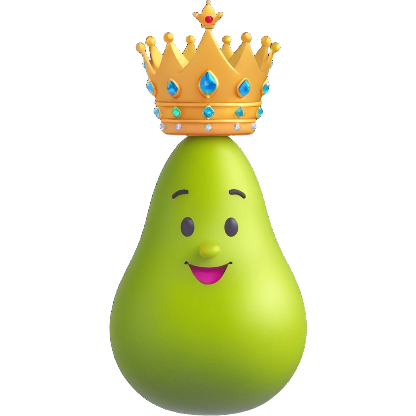 royal pear with a crown, elegant and regal, fun emoji style, wearing a jeweled necklace emoji