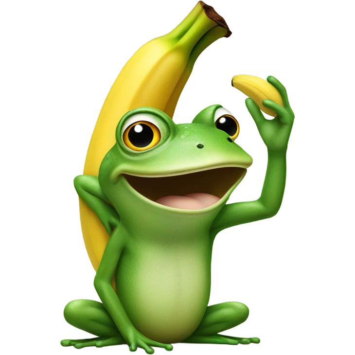 Frog overhand pointing the bottom of a banana to his head emoji