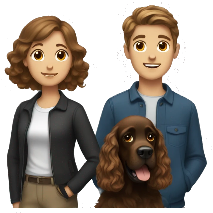 brown-haired girl and brown-haired boy with a black cocker spaniel emoji