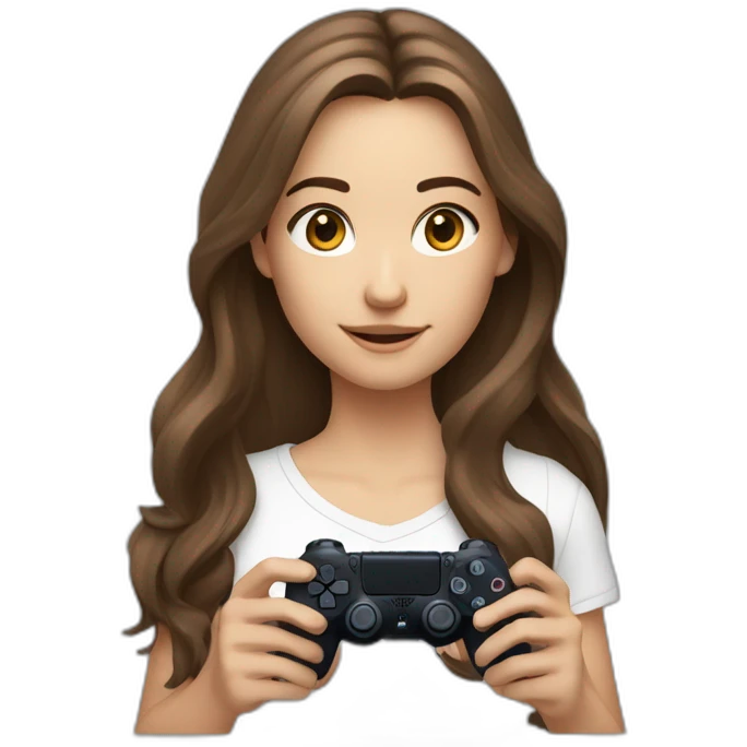 Caucasian Girl with long Brown hair holding a playstation 4 controller turned to her looking at a screen emoji