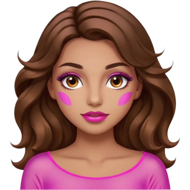 girl with long wavy brown hair, brown eyes, long lashes makeup, sexy pink lips, light to medium complexion, wearing a pink sexy silk top, with the sun icon  emoji