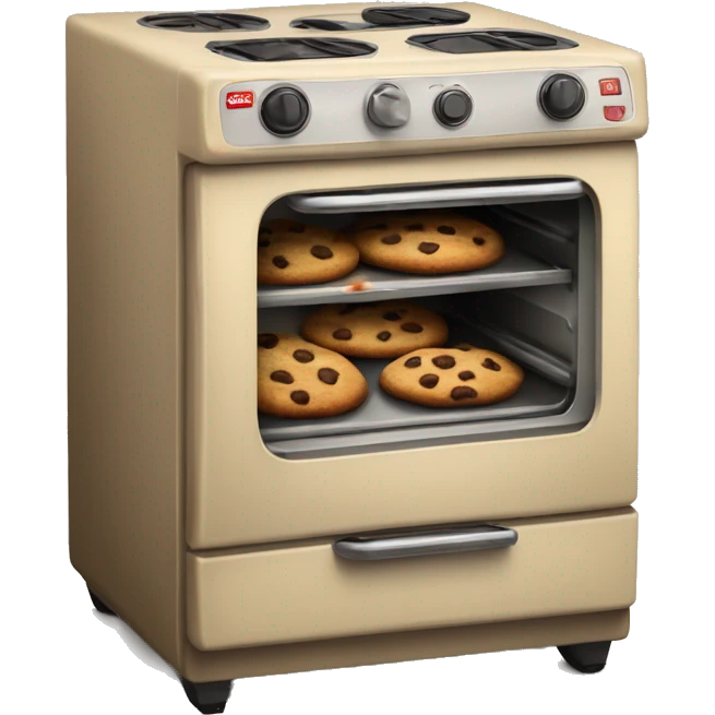 Realistic vintage beige oven with chocolate chip cookies baking inside of it. emoji