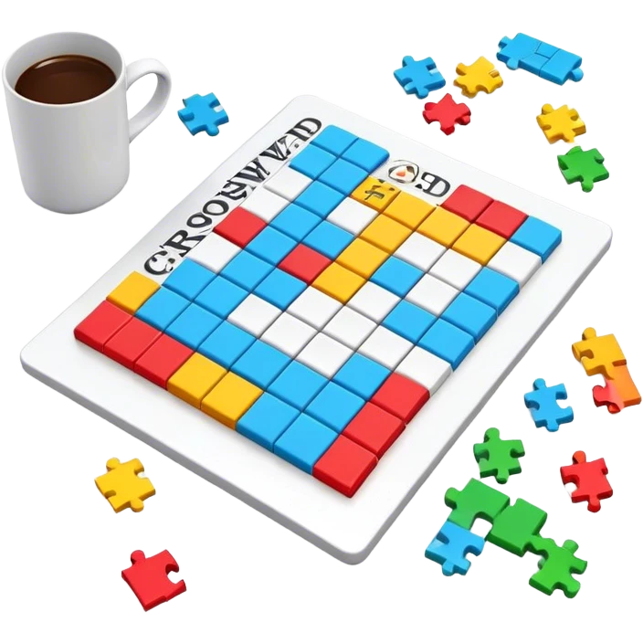 A photorealistic icon with a colorful, fragmented crossword magazine, a 3D puzzle, and a partially completed puzzle on a table. Bright, detailed design with realistic lighting. Transparent background, clearly symbolizing puzzles and brain games. emoji