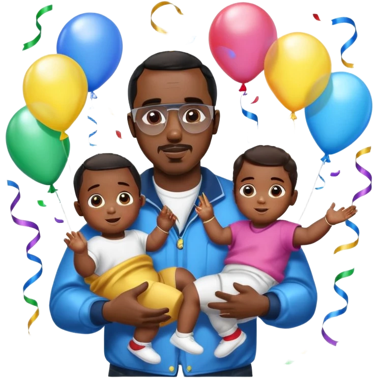 Diddy holding baby oil at a party with balloons and confetti and banners oiled up with kids oiled up emoji