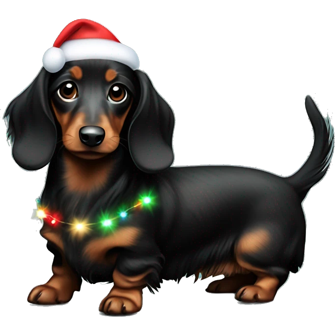 Miniature long haired dachshund brindle and black with Christmas lights emoji