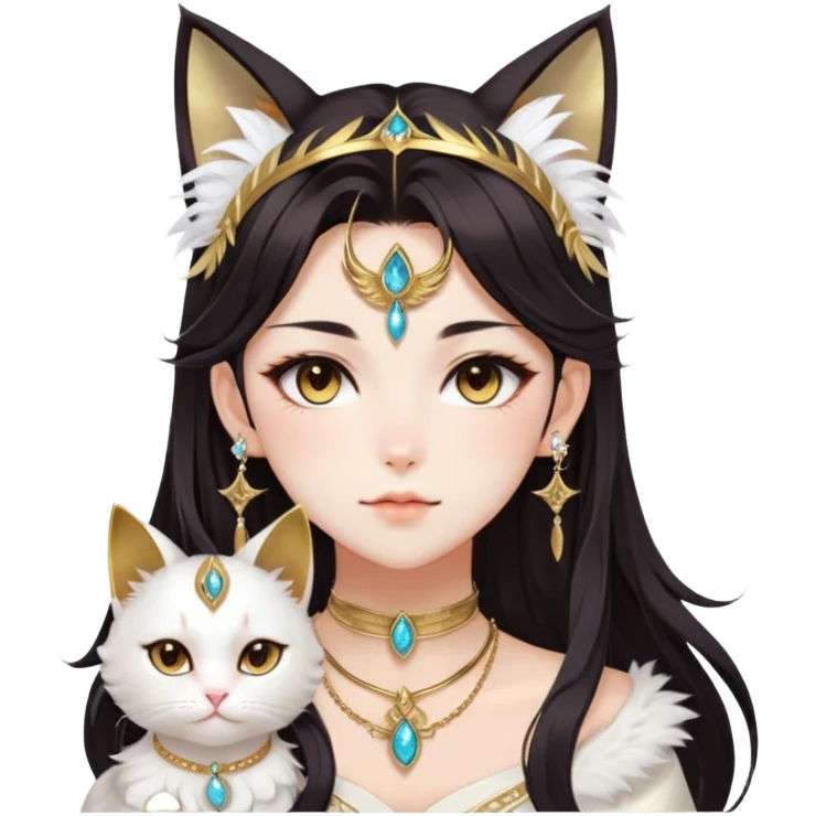Beautiful gorgeous anime cat-lady with beautiful dark-brown-special-hair, fashion aesthetic, ethereal, feather, accessories, gold jewelries, Sumerian, Genshin Impact, Tufted cat ears, emoji