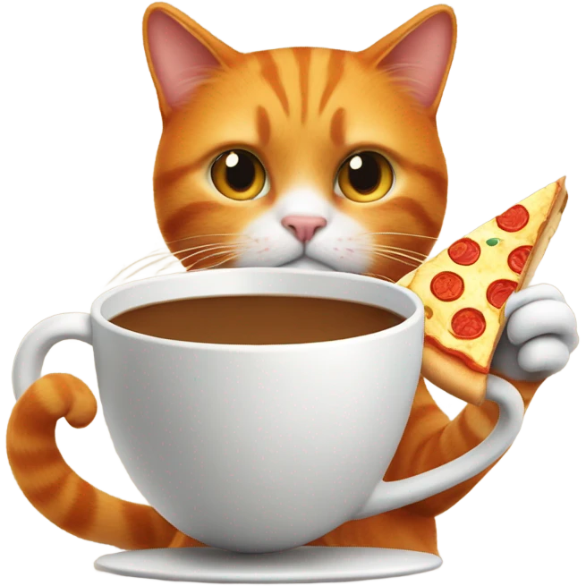 Orange cat drinking coffee and has a slice of pizza in his paw emoji