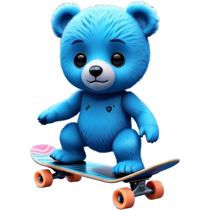 3D, adorable little Pixar style blue neon punk teddy bear on a skateboard, ultra detailed, each lash, eye, and strand of fur is shown in stunning detail as though captured in a timeless photograph, rich textures, visually rich, so lifelike it feels like it could leap off the page at any momen emoji