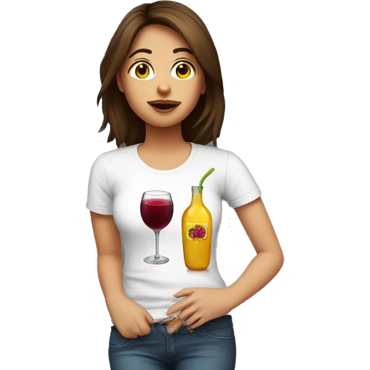 girl in brown hair, white t-shirt with sangria and with hangover on her arm emoji