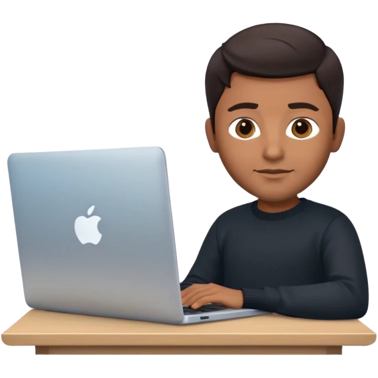 memoji of a man with a laptop in front, apple-style, modern, dark hair, black sweater, Indian brown skin, sitting at his desk, light blue gradient background emoji