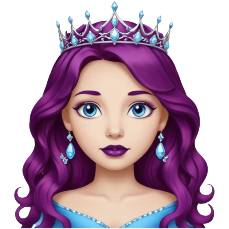 Gorgeous girl with long wavy plum color hair,  diamonds and blue gemstones tiara princess tattoo, dark lipstick, blue eyes  emoji