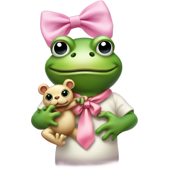 Frog  with pink satin bow on his head holding a small teddybear in his hands emoji