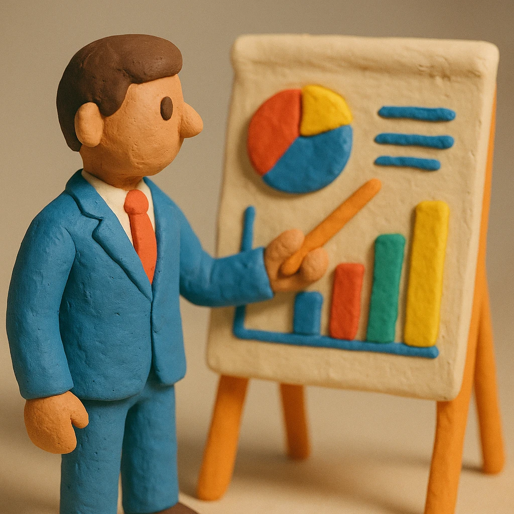 business research claymation style with businessperson and charts emoji