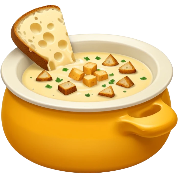 cheese soup with garlic, and cubes of dry dark bread in bowl emoji