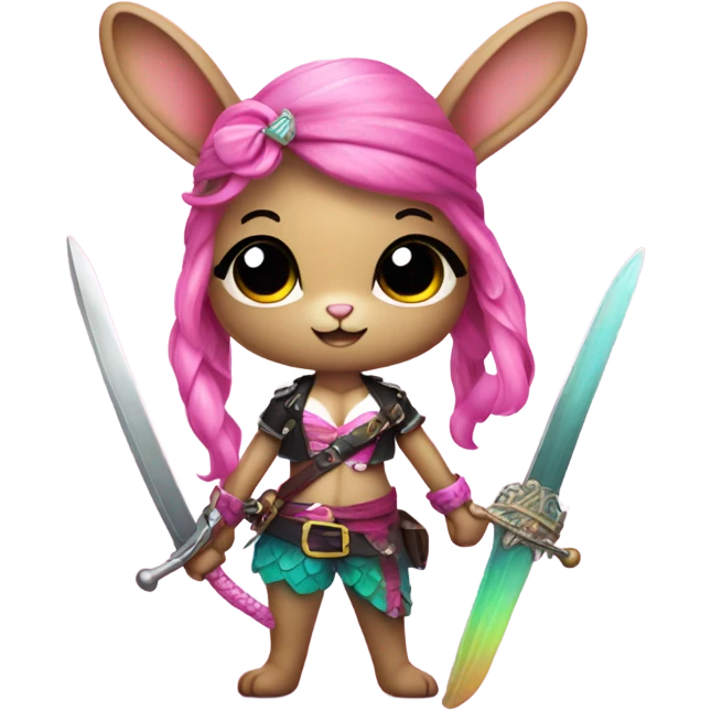 Rainbow mermaid bunny wearing pink pirate clothes and sword emoji