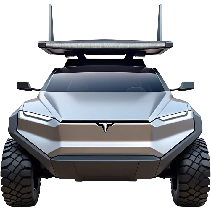 Tesla Cybertruck - A futuristic Tesla Cybertruck, angular and geometric with a sharp, triangular body shape. Stainless steel exoskeleton with a raw, unpainted, brushed-metal finish. A sleek, narrow LED light bar stretches across the entire front. Large, rugged off-road tires with exposed wheel arches. Smooth, handle-free doors and a slanted, armored rear with a retractable tonneau cover. Rear LED strip mirroring the front. The vehicle looks like a sci-fi-inspired, bulletproof stealth tank on wheels, set in a high-tech urban environment at sunset, with reflections on its metallic surface. emoji