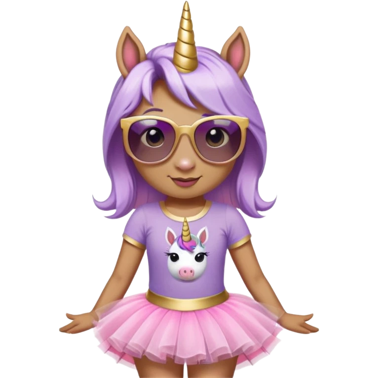 head and shoulders portrait of a friendly anthropomorphised female unicorn in tutu and pink t-shirt, wearing dark sunglasses, lavender and gold color scheme emoji