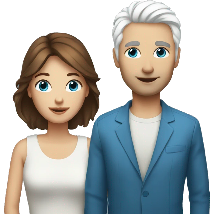 Woman with brown hair and man with white hair both with blue eyes emoji