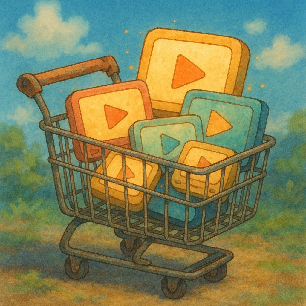 shopping cart with video player icons inside, ghibli style emoji