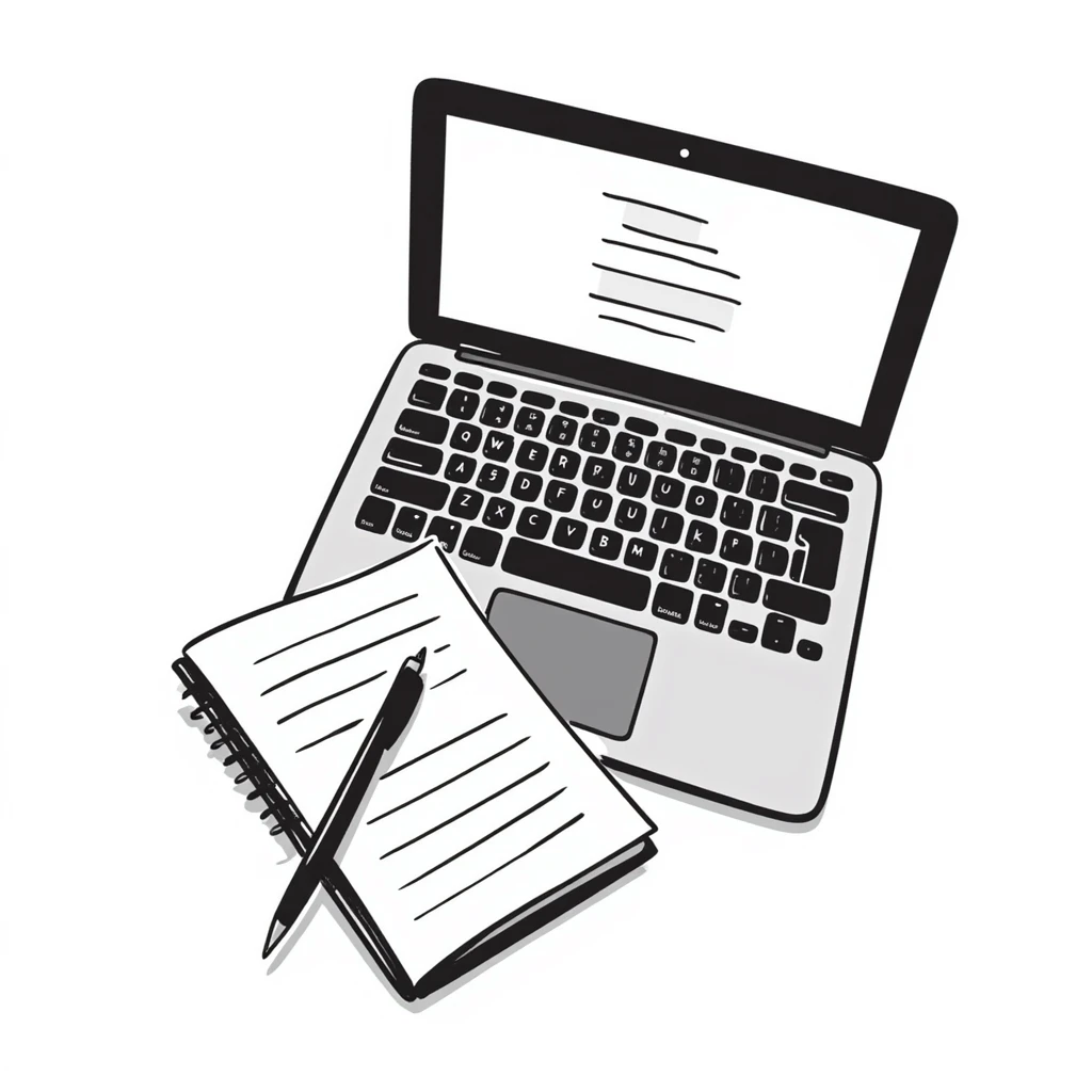 top view of a MacBook and a notebook with a pen nearby, different arrangement emoji