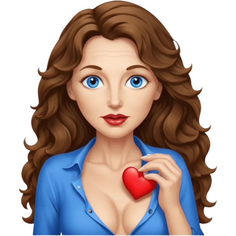 Extra Long wavy hair, brown hair, blue eyes Caucasian, age 50, sexy clothes boobies, kissing emoji