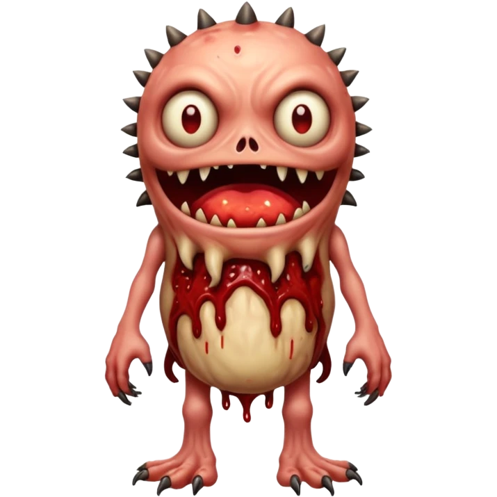A Hideous mutated monster covered in rotton flesh and bloodin the style of your bleeding skull art, full body. Final boss character, full body emoji