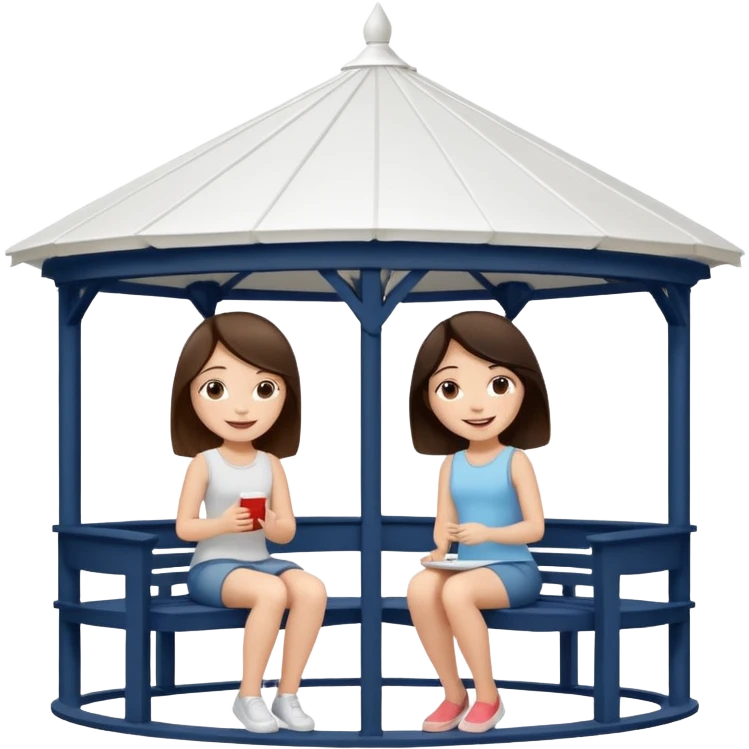 Two small brunette women sitting under a large white gazebo emoji